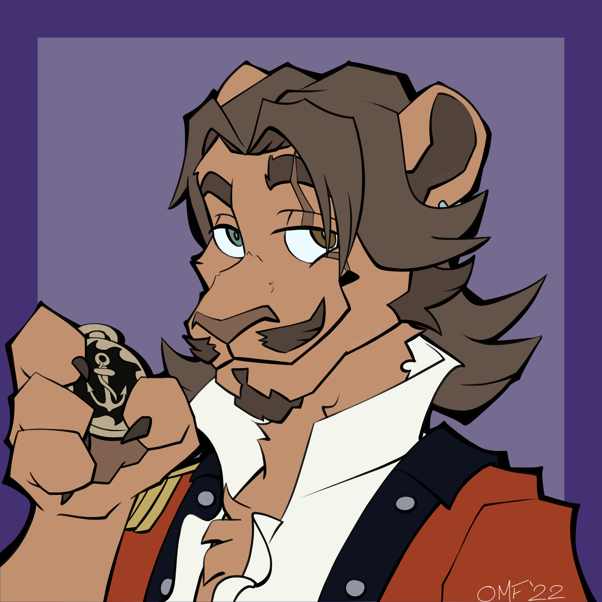 A bust drawing of an anthro lion character. They have a brown mullet, a mustache, and a goatee. They have a scar over one eye and are holding up a compass with a smug expression. They are wearing a red pirate's outfit with a popped collar.